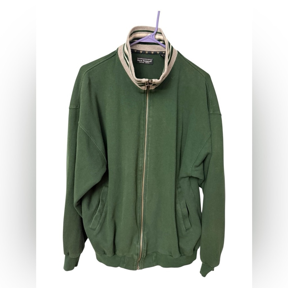 Y2K Vtg Norm Thompson Men's XL Full Zip Sweatshirt Jacket Green Striped Collar